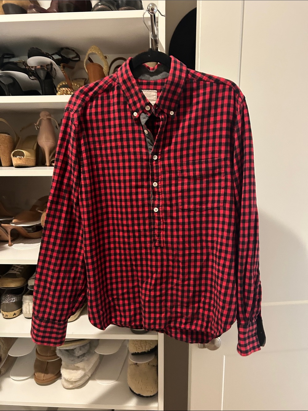 Billy Reid Red and Black Gingham 1/2 Button-Down Shirt